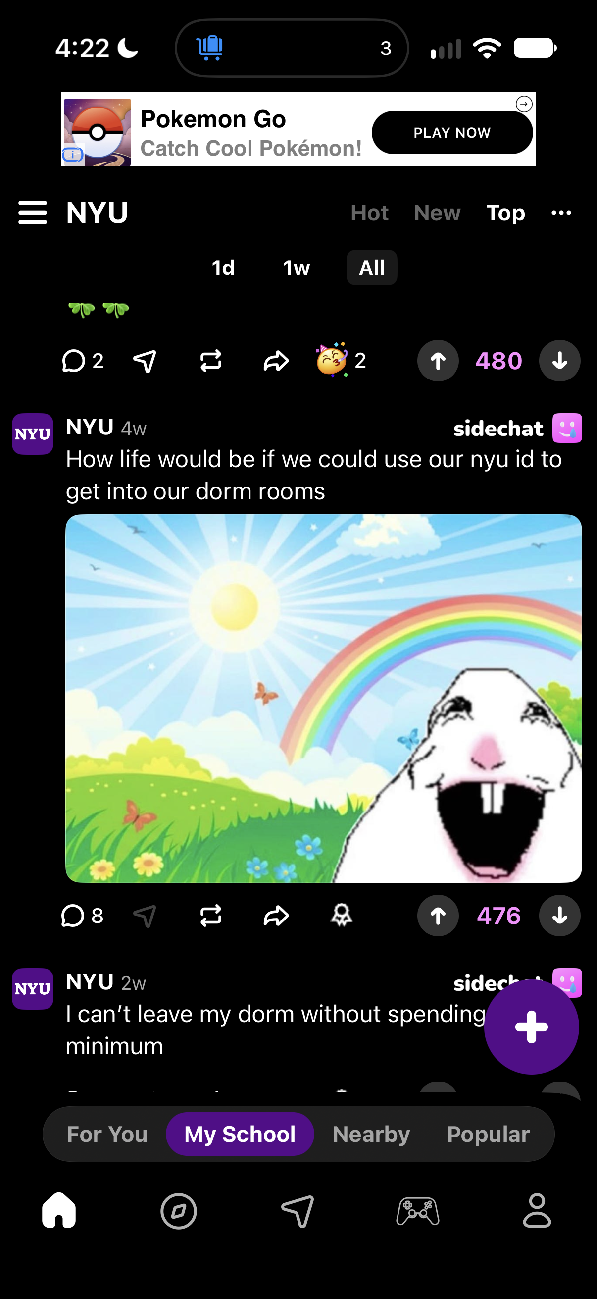 A happy cartoon creature beneath a rainbow in the dorm-key meme